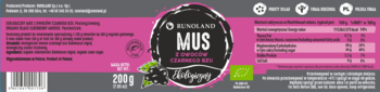 Front view of an organic 'MUS & CZARNY BZ KAMIENNE ZBOŻE' product label. Pink & dark grey, with nutritional info & 200g.