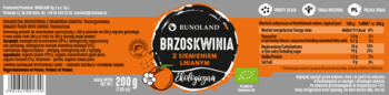 Eko brzoskwinia BIO LAND z siemieniem lnianym 100% owoców, bez cukru. Pomarańczowa etykieta, widok z przodu.