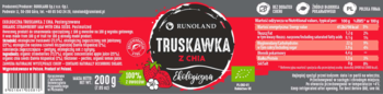 Etykieta truskawkowego przetworu z chia 200g, z czerwonym tłem, czarnym okrągłym logo i tekstem 'TRUSKAWKA Z CHIA'.