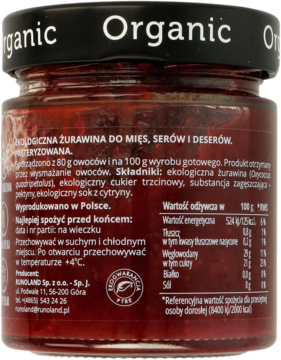 Tył szklanego słoika ekologicznej żurawiny do mięs i serów, z polską etykietą i wartościami.