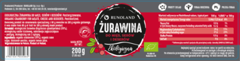 Etykieta produktu ŻURAWINA bio, 200g. Szaro-czerwone tło, główny napis biały na czarnym kole. Widok przodu.