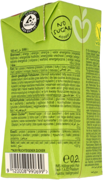 Tył kartonika ekologicznego nektaru jabłkowego 0,2L, z etykietą "NO SUGAR ADDED" i kodem kreskowym.