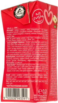 Czerwone opakowanie nektaru jabłkowo-wiśniowego. Tył z etykietą, napisem „NO SUGAR ADDED” i danymi odżywczymi.