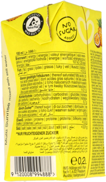 Tył żółto-pomarańczowego opakowania nektaru Multi Sunrise 0,2L, widoczna etykieta z danymi odżywczymi i napisem „NO SUGAR ADDED” na górnej klapce.