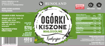 Ekologiczne ogórki kiszone małosolne Runoland, zielona etykieta z białym napisem, widok frontalny słoika.