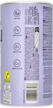 Tył fioletowej puszki muesli odpornościowego OneDayMore, symbole Fe, Zn, Cu, błonnika i logo Vegan.