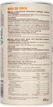 Musli od Serca, tył beżowego opakowania z tabelą wartości odżywczych, składnikami, 400g. Zawiera tiaminę, truskawki i czekoladę.