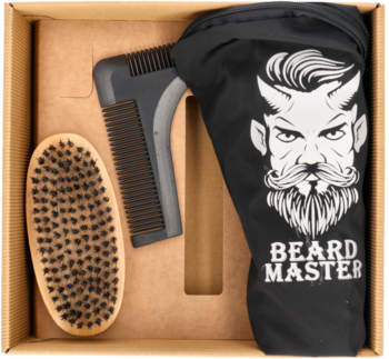 Zestaw do brody w otwartym pudełku: drewniana szczotka, szary grzebień-szablon, czarny woreczek z logo "BEARD MASTER".