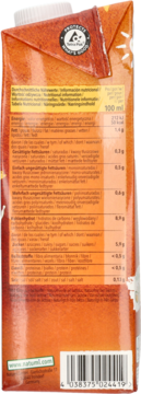 Natumi napój owsiany waniliowy 1l: tył brązowego kartonu z etykietą żywieniową, kodem kreskowym i logo.