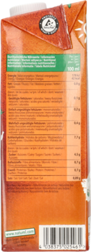 Tył pomarańczowego kartonu Natumi bezglutenowego napoju owsianego, biała tabela wartości odżywczych i kod.