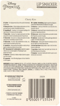 Tył opakowania balsamu do ust Lip Smacker Cherry Kiss, białe tło z tekstem i kodem kreskowym.