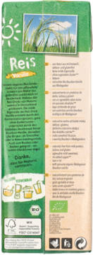 Tył zielonego kartonu Natumi napoju ryżowego Wanilia 1l: bez laktozy, glutenu, z logo BIO i FSC. Niska zawartość tłuszczu.