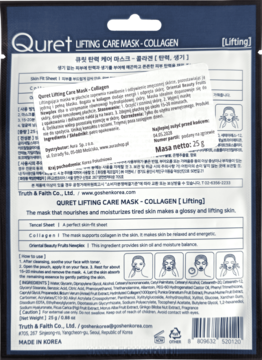 Tył ciemnoszarej maski Quret Lifting Care Collagen w płachcie, z etykietami, instrukcjami i polskim tekstem.