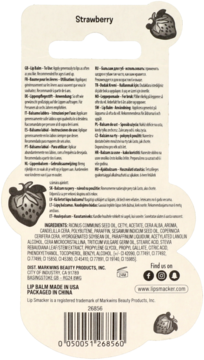 Tył opakowania balsamu do ust Lip Smacker Strawberry, z danymi producenta i składem, w kształcie truskawki.