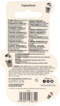 Tył opakowania balsamu Lip Smacker Tropical Punch, z informacjami, kodem kreskowym i napisem 'Made in USA'.