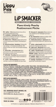 Tył opakowania błyszczyka LiP SMACKER Lippy Pals w brzoskwiniowym smaku, z listą składników i EAN.