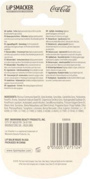 Tył opakowania balsamu do ust Lip Smacker Coca-Cola, z kodem kreskowym i listą składników.