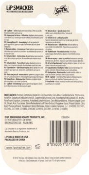 Tył kremowego opakowania balsamu do ust Lip Smacker Sprite z wielojęzycznym tekstem, składnikami i kodem kreskowym.