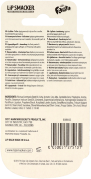 Tył opakowania balsamu Lip Smacker Fanta, z tekstami opisowymi, składem i kodem kreskowym produktu.