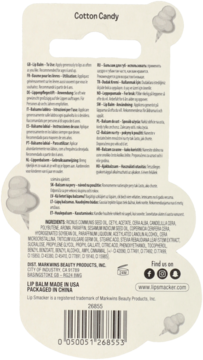 Tył opakowania balsamu do ust Lip Smacker Cotton Candy, widoczna lista składników i kod kreskowy.