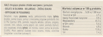 Fragment opakowania chlebków KALE, widok na opis produktu, składniki i tabelę wartości odżywczych.