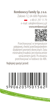 Tył etykiety Bio lemoniady Rembowscy Family, z danymi firmy, QR kodem, instrukcjami i kodem.