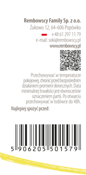 Tył opakowania Bio lemoniady z kwiatem czarnego bzu, z danymi producenta, kodem kreskowym i instrukcjami.