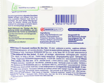 Tył białego opakowania chusteczek nawilżanych z aloesem, 25 szt., widoczny kod kreskowy i skład w DE/PL.