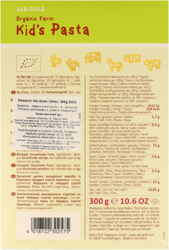 Tył beżowo-zielonego opakowania makaronu ALB-GOLD Kid's Pasta, ekologiczny, z informacjami i grafiką zwierząt.