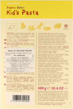 Tył opakowania makaronu ALB-GOLD Organic Safari Kid's Pasta 300g, żółto-białe z tabelą wartości.