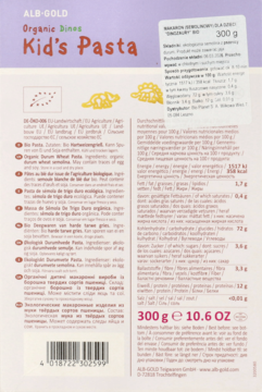 Fioletowy tył opakowania ALB-GOLD Organic Dines Kid's Pasta, z tabelą wartości odżywczych i kodem kreskowym.