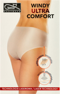 Opakowanie majtek Gatta Windy Ultra Comfort: beżowe, laserowo cięte, bezszwowe, oddychające na modelce.