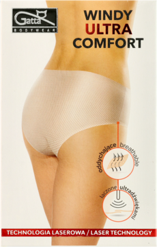 Nude bezszwowe figi Gatta Windy Ultra Comfort na modelce, widok z tyłu, z opakowaniem z logo.