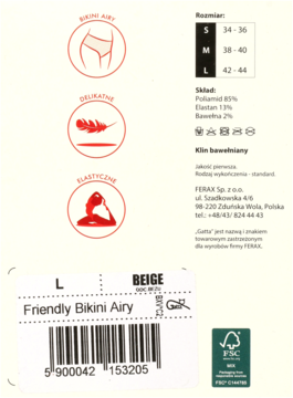 Beżowe figi Friendly Bikini Airy rozmiar L, widok na etykietę produktu z kodem kreskowym i logo FSC.