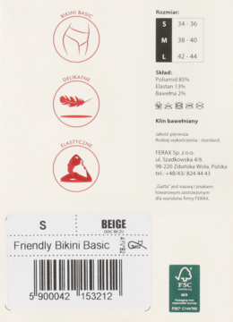 Opakowanie Friendly Bikini Basic, beżowe, rozmiar S, z ikonami delikatności i elastyczności, widok z przodu.
