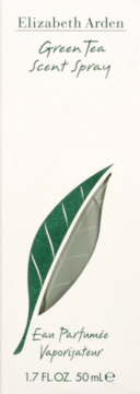 Białe pudełko Elizabeth Arden Green Tea Scent Spray z zielonym liściem i zielonymi napisami, widok z przodu.