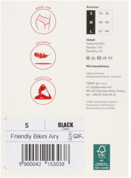 Tył opakowania majtek Friendly Bikini Airy S Black Ferax. Wskazane cechy: delikatne, elastyczne, bawełniany klin.