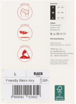 Tył opakowania czarnych majtek Gatta Friendly Bikini Airy, r. L, z cechami (laser cut, klin bawełniany) i składem.