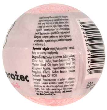 Różowa kula do kąpieli jednorożec z malinowym zapachem, zbliżenie na etykietę ze składnikami i kodem kreskowym.