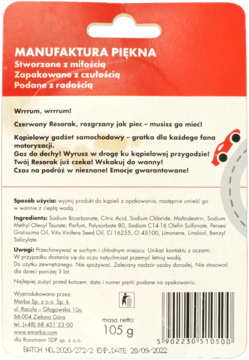 Tył opakowania bomby do kąpieli w kształcie samochodu Czerwony Resorak, z opisem użycia i składem.