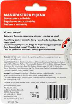 Tył czerwonego opakowania produktu do kąpieli z tekstem „Czerwony Resorak”, listą składników i kodem.
