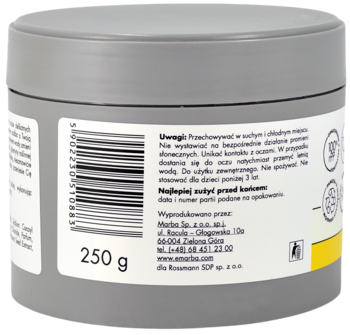 Tył szarego słoika peelingu cukrowego do ciała, waga 250g, widoczny kod kreskowy i tekst produktu.