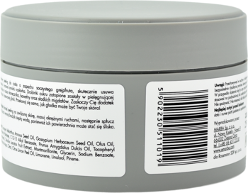 Tył szarego, okrągłego słoika cytrynowo-miętowego peelingu solnego do ciała, z etykietą, kodem kreskowym i polskim opisem.