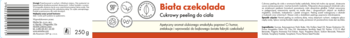 Promocyjny banner cukrowego peelingu do ciała Biała Czekolada. Główny tytuł i opis na tle biało-pomarańczowym.