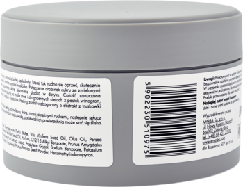 Szary, okrągły pojemnik cukrowego peelingu do ciała biała czekolada. Widoczny tył z etykietą, składnikami i kodem kreskowym.