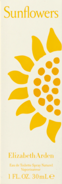 Białe opakowanie Sunflowers Elizabeth Arden Eau de Toilette z żółtym napisem i dużą żółtą ilustracją słonecznika.