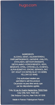 Tył ciemnoniebieskiego opakowania perfum Hugo Boss Dark Blue, z białą listą składników i informacjami o sprzedaży.