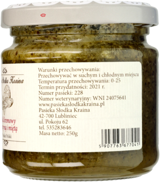 Miód kremowy z cytryną i miętą w szklanym słoiku, tył opakowania z etykietą producenta Pasieka Słodka Kraina, 250g.