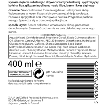 Białe opakowanie serum Ziaja antycellulitowe mango 400ml, tył z listą składników i kodem kreskowym.