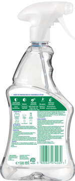 Tył butelki Dettol Antybakteryjny Spray Do Powierzchni 500ml Original z zieloną etykietą, kodem kreskowym.